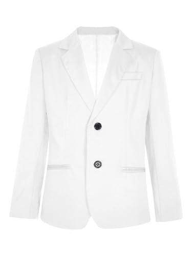 Sxiwei Jungen Blazer Zwei Knöpfe Formal Jacke Langarm Gentleman Smoking Jacke Mantel mit Reverskragen Geburtstag Party Festzug Anzugjacke Weiß 146-152 von Sxiwei