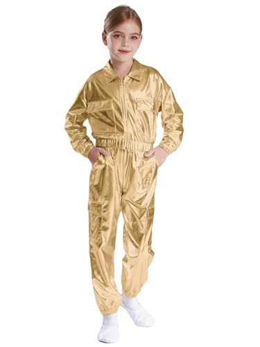 Sxiwei Kinder Hip Hop Kleidung Set Jungen Mädchen Metallic Sweatjacke + Lang Hosen Sport Anzug Party Tanzkostüm Gold 134-140 von Sxiwei