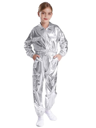Sxiwei Kinder Hip Hop Kleidung Set Jungen Mädchen Metallic Sweatjacke + Lang Hosen Sport Anzug Party Tanzkostüm Silber 134-140 von Sxiwei