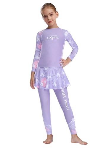 Sxiwei Kinder Mädchen 2-teilig Rash Guard Badeanzug Langarm Schwimmshirt +Hosenrock Sonnenschutz Schwimmbekleidung Violett 146-152 von Sxiwei