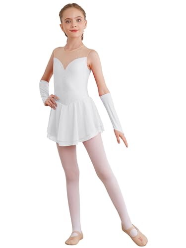 Sxiwei Kinder Mädchen Eiskunstlauf Kleid Glitzernden Strass Ballettkleid Ballett Kürkleider Ärmellose Tanzkleid mit Handschuhen Weiß 122-128 von Sxiwei