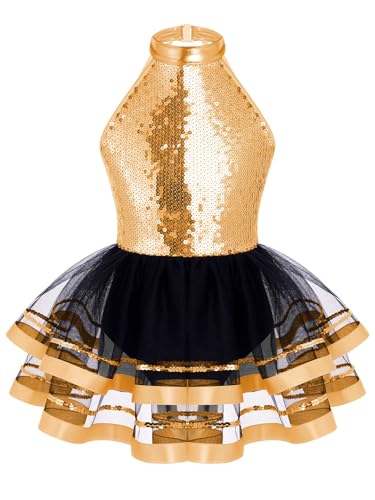 Sxiwei Kinder Mädchen Tanzkleid Pailletten Ballett Trikots Ärmellos Ballettanzug Mit Tüllrock Glitzer Gymnastikanzug Hip Hop Jazz Tanzkostüm Sekt 134-140 von Sxiwei
