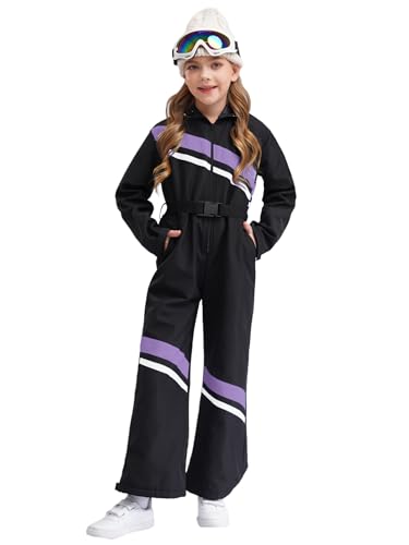 Sxiwei Kinder Skianzug Mädchen Schneeanzug Warme Skioverall Wasserabweisender und Windfester Langarm Skianzug Hellviolett und Schwarz 134-140 von Sxiwei