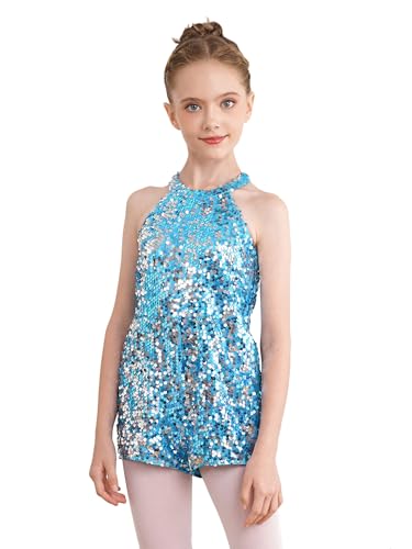 Sxiwei Kurz Overall für Mädchen ärmellos Pailletten Jumpsuit Festlich Hosenanzug Neckholder Overall Einteiler Romper Party Outfits Hellblau 110-116 von Sxiwei