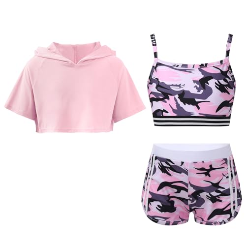 Sxiwei Mädchen 3tlg Sport Set Kurzarm Kapuze Crop To+Camouflage Camisole +Shorts Kinder Trainingsanzug Hip Hop Tanz Kleidung Rosa 134-140 von Sxiwei
