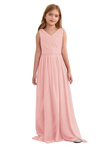 Sxiwei Mädchen Ärmellos Pailletten Glänzende Partykleid V Ausschnitt Blumensmädchenkleid Langes Festlich Hochzeitskleid Rosa 134-140 von Sxiwei