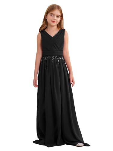 Sxiwei Mädchen Ärmellos Pailletten Glänzende Partykleid V Ausschnitt Blumensmädchenkleid Langes Festlich Hochzeitskleid Schwarz 134-140 von Sxiwei