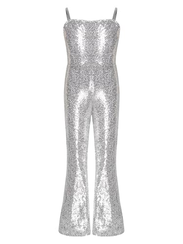 Sxiwei Mädchen Ärmellos Pailletten Jumpsuit Overall Einteiliger Hosenanug Ganzkörper Body mit Spaghettiträger Tanzanzug Gymnastik Trikot Silber 134-140 von Sxiwei