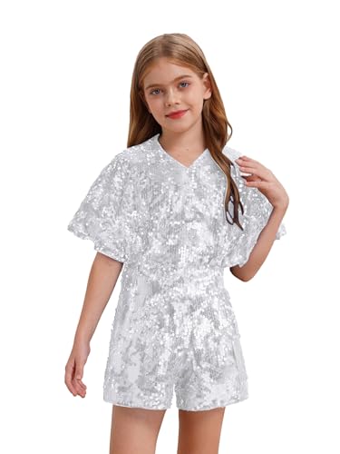 Sxiwei Mädchen Festlich Pailletten Jumpsuit Kurzarm Overall V-Ausschnitt Kurz Hosenanzug Party Hochzeit Bekleidung Silber 146-152 von Sxiwei