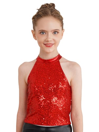 Sxiwei Mädchen Glitter Pailletten Crop Top Halter ärmellos Tanz Shirt Bauchfrei Latin Salsa Samba Rave Tanz Festival Party Kleidung Rot 170 von Sxiwei