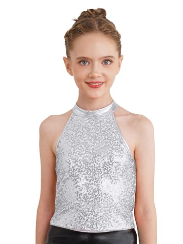 Sxiwei Mädchen Glitter Pailletten Crop Top Halter ärmellos Tanz Shirt Bauchfrei Latin Salsa Samba Rave Tanz Festival Party Kleidung Silber 122-128 von Sxiwei