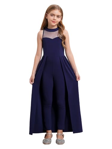 Sxiwei Mädchen Jumpsuit Elegant Ärmellos Overall mit Split Overlay Party Hosenznzug Einteiler Festliche Hochzeit Playsuit Navy blau 158-164 von Sxiwei