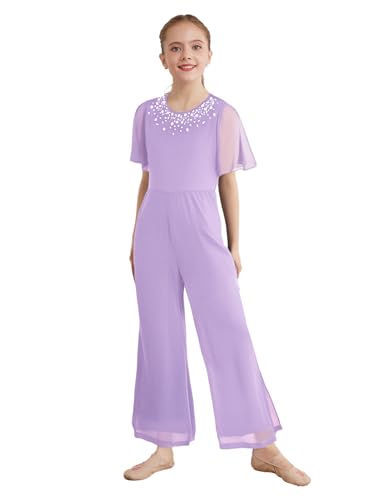 Sxiwei Mädchen Jumpsuit Kinder Sommer Hosenanzug Kurzarm Strampler mit Strass Lang Romper Glitzer Hochzeit Kleidung Lavendel 110-116 von Sxiwei