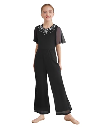 Sxiwei Mädchen Jumpsuit Kinder Sommer Hosenanzug Kurzarm Strampler mit Strass Lang Romper Glitzer Hochzeit Kleidung Schwarz 158-164 von Sxiwei