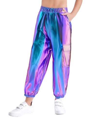 Sxiwei Mädchen Jungen Metallic Hose Lang Hip-Hop Jazz Tanz Hosen Einfarbig Glänzend Sporthose Party Outfit Blau 146-152 von Sxiwei