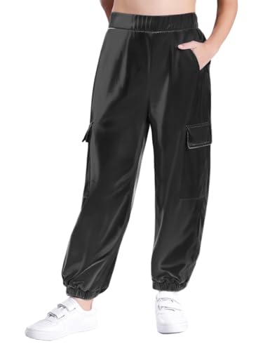 Sxiwei Mädchen Jungen Metallic Hose Lang Hip-Hop Jazz Tanz Hosen Einfarbig Glänzend Sporthose Party Outfit Schwarz 134-140 von Sxiwei