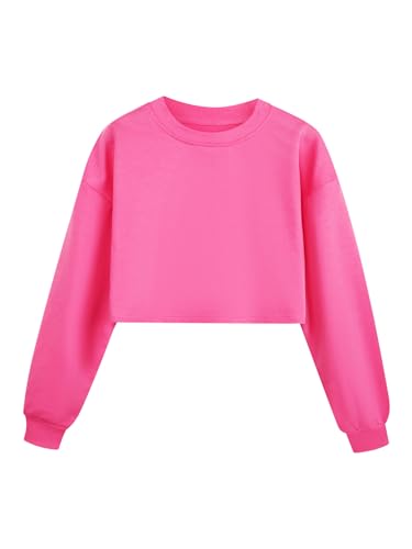Sxiwei Mädchen Kinder Langarmshirt Slim Fit Bauchfrei Einfarbige Tanz Shirt Sporttop Basic Tshirts Rundhalsausschnitt Oberteil Hot Pink 122-128 von Sxiwei