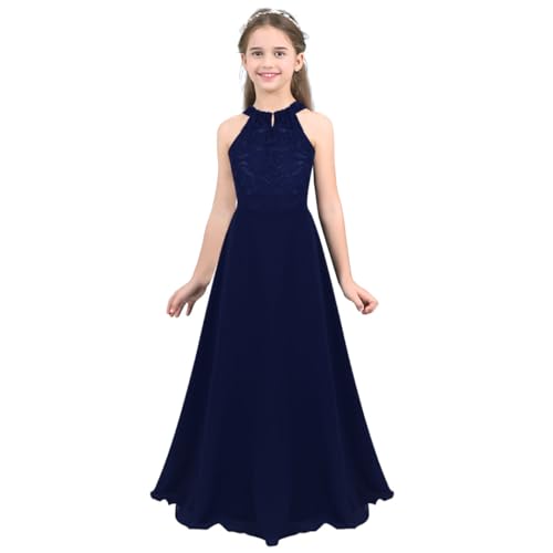 Sxiwei Mädchen Kleider Spitze Festlich Lange Prinzessinkleide Ärmellos Blumenmädchen Hochzeitskleid A-Linie Geburtstag Partykleid Navy blau 170 von Sxiwei