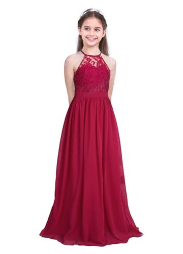 Sxiwei Mädchen Kleider Spitze Prinzessin Tüll Kleid Festlich Lange Abendkleid Ärmellos Neckholder Hochzeit Blumenmädchenkleider Kommunionkleid Burgundy 152 von Sxiwei