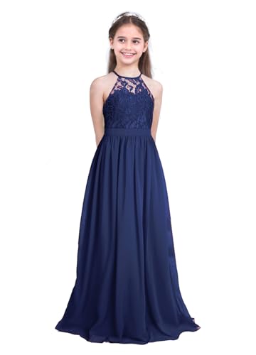 Sxiwei Mädchen Kleider Spitze Prinzessin Tüll Kleid Festlich Lange Abendkleid Ärmellos Neckholder Hochzeit Blumenmädchenkleider Kommunionkleid Navy blau 152 von Sxiwei