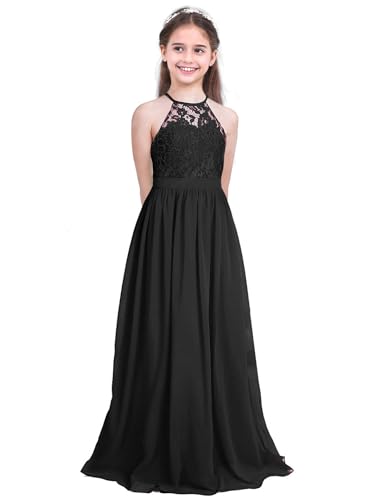 Sxiwei Mädchen Kleider Spitze Prinzessin Tüll Kleid Festlich Lange Abendkleid Ärmellos Neckholder Hochzeit Blumenmädchenkleider Kommunionkleid Schwarz 152 von Sxiwei