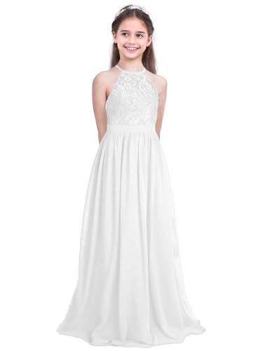 Sxiwei Mädchen Kleider Spitze Prinzessin Tüll Kleid Festlich Lange Abendkleid Ärmellos Neckholder Hochzeit Blumenmädchenkleider Kommunionkleid Weiß 152 von Sxiwei