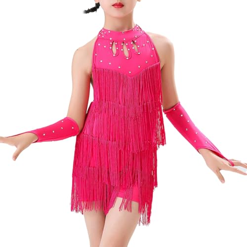Sxiwei Mädchen Latein Tanz Kleid Glitzer Fransenkleid Kinder Quaste Samba Tango Cha Cha Tanzkleidung mit Handschuhen Hot Pink 110-116 von Sxiwei