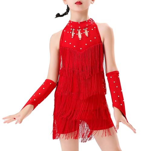 Sxiwei Mädchen Latein Tanz Kleid Glitzer Fransenkleid Kinder Quaste Samba Tango Cha Cha Tanzkleidung mit Handschuhen Rot 158-164 von Sxiwei