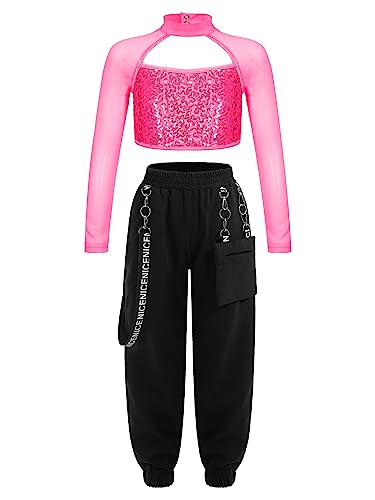 Sxiwei Mädchen Pailletten Tanzkostüm Langarm Shirt Sweatshirt Oberteil Und CargoHose Hip Hop Kleidung Modern Dance Outfit Performance Tanzkostüm Hot Pink 134-140 von Sxiwei
