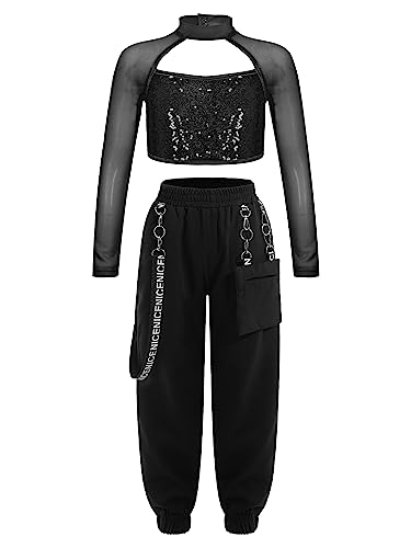 Sxiwei Mädchen Pailletten Tanzkostüm Langarm Shirt Sweatshirt Oberteil Und CargoHose Hip Hop Kleidung Modern Dance Outfit Performance Tanzkostüm Schwarz 146-152 von Sxiwei