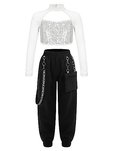 Sxiwei Mädchen Pailletten Tanzkostüm Langarm Shirt Sweatshirt Oberteil Und CargoHose Hip Hop Kleidung Modern Dance Outfit Performance Tanzkostüm Silber 146-152 von Sxiwei