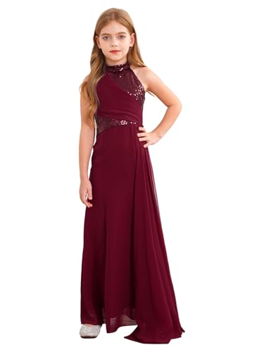 Sxiwei Mädchen Prinzessin Kleid Ärmellos A-Linien Langes Abendkleid Blumenmädchenkleider für Hochzeits Süßes Festliches Kleid Burgundy 158-164 von Sxiwei