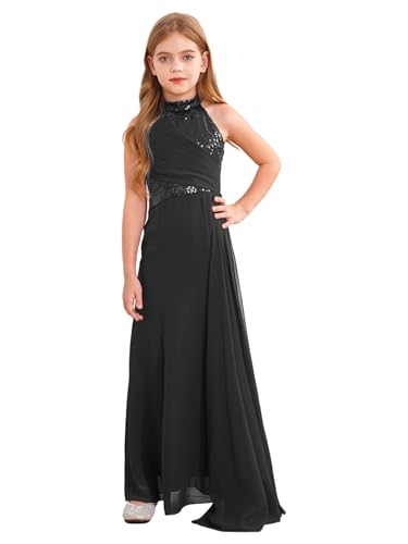 Sxiwei Mädchen Prinzessin Kleid Ärmellos A-Linien Langes Abendkleid Blumenmädchenkleider für Hochzeits Süßes Festliches Kleid Schwarz 158-164 von Sxiwei