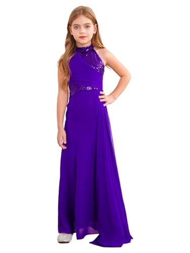 Sxiwei Mädchen Prinzessin Kleid Ärmellos A-Linien Langes Abendkleid Blumenmädchenkleider für Hochzeits Süßes Festliches Kleid Violett 170 von Sxiwei
