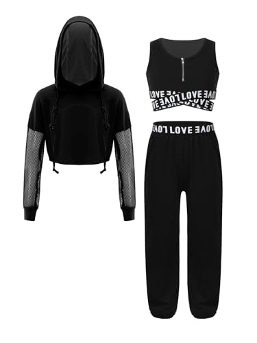 Sxiwei Mädchen Sportanzug 3tlg Training Outfit Kapuzenpullover+Kurz Crop Top +Fitness Hose Jogger Tanz Yoga Training Schwarz 146-152 von Sxiwei
