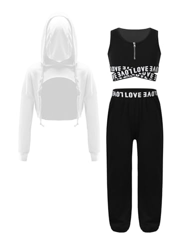 Sxiwei Mädchen Sportanzug 3tlg Training Outfit Kapuzenpullover+Kurz Crop Top +Fitness Hose Jogger Tanz Yoga Training Schwarz&Elfenbein 158-164 von Sxiwei