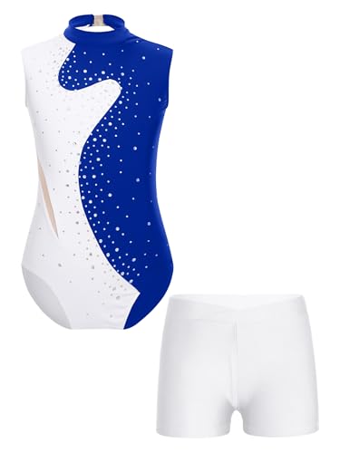 Sxiwei Mädchen Turnanzug Ärmellos Strass Gymnastikanzug Tanzbody mit Kurz Hose Gymnastik Kleidung Set Blau Weiss 158-164 von Sxiwei