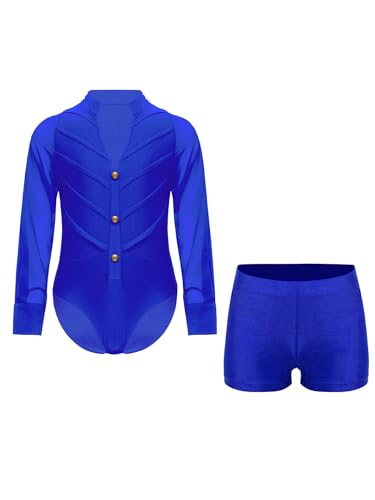 Sxiwei Moderner Tanzbody Set für Jungen Langarm Turnanzug Turntrikot mit Shorts Gymnastikanzug Wettbewerb Dancewear Blau 146-152 von Sxiwei