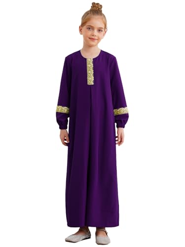 Sxiwei Muslimisches Abaya für Mädchen Rundhals Langarm Islamische Maxi Kleid Ramadan Gebetskleidung Violett 146-152 von Sxiwei