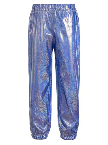 Sxiwei Unisex Jungen Mädchen Lang Hosen Hip Hop Tanzhose Metallic Hot Pants Elastische Taille Haremshose Baggy Pants Hippie Outfits Blau 122-128 von Sxiwei
