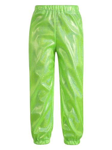 Sxiwei Unisex Jungen Mädchen Lang Hosen Hip Hop Tanzhose Metallic Hot Pants Elastische Taille Haremshose Baggy Pants Hippie Outfits Leuchtendes Grün 134-140 von Sxiwei