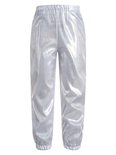 Sxiwei Unisex Jungen Mädchen Lang Hosen Hip Hop Tanzhose Metallic Hot Pants Elastische Taille Haremshose Baggy Pants Hippie Outfits Silber 146-152 von Sxiwei