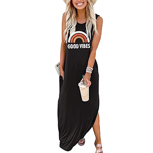 Sxkayxr Damen Sommer Ärmellos Maxikleid Casual Lose Strand Good Vibes T-Shirt Kleider mit Taschen, Schwarz , Medium von Sxkayxr