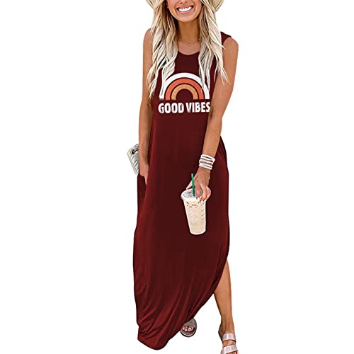 Sxkayxr Damen Sommer Ärmellos Maxikleid Casual Loose Beach Good Vibes T-Shirt Kleider mit Taschen, rot, X-Large von Sxkayxr