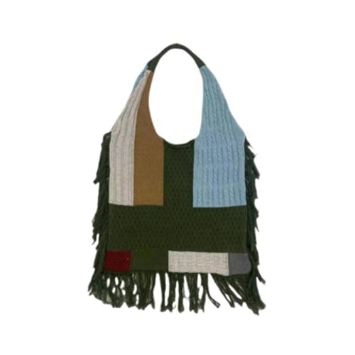 Sxmrmnx Gestrickte, Gehäkelte, Ästhetische Schultertasche für Damen, Vintage-Patchwork, Quaste, Einkaufstasche, Modedesign, Damenhandtasche D von Sxmrmnx
