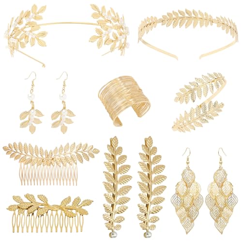 Sxutop 10 Stück Griechische Göttin Kostüm Schmuck Set Gold Römische Göttin Kostüm Zubehör für Damen mit Oberarmreif Ohrringe Lorbeerkranz Haarspange Armband Haarkamm für Hochzeit Costume Party von Sxutop