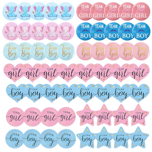 Sxutop 60 Stück Gender Reveal Runde Pin Team Boy Und Team Girl Pin 30 Geschlecht Offenbar Button + 30 Gender Reveal Sticker von 3 Stile für Baby Shower Party Dekoration Zubehör (Blau und Rosa) von Sxutop