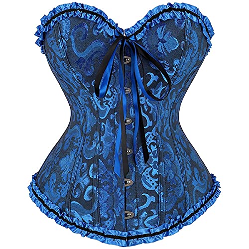 Sxybox Damen Korsett Bauchweg Vollbrust Corsage Wäsche schnürt Sich Oben Satin ohne Knochen mit G-String,Blau,2XL von Sxybox