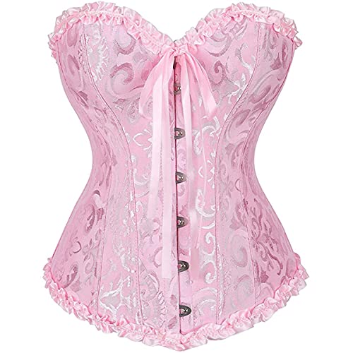 Sxybox Damen Korsett Bauchweg Vollbrust Corsage Wäsche schnürt Sich Oben Satin ohne Knochen mit G-String,Rosa,2XL von Sxybox