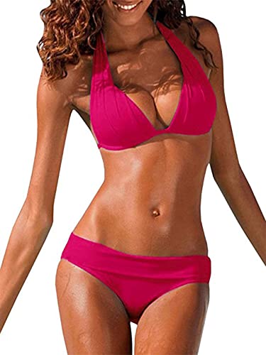 Damen-Bikini-Set mit Neckholder, gepolstert, Push-Up-Bikini, zweiteilig, Badeanzüge, Strandmode, rose, Small von SySea